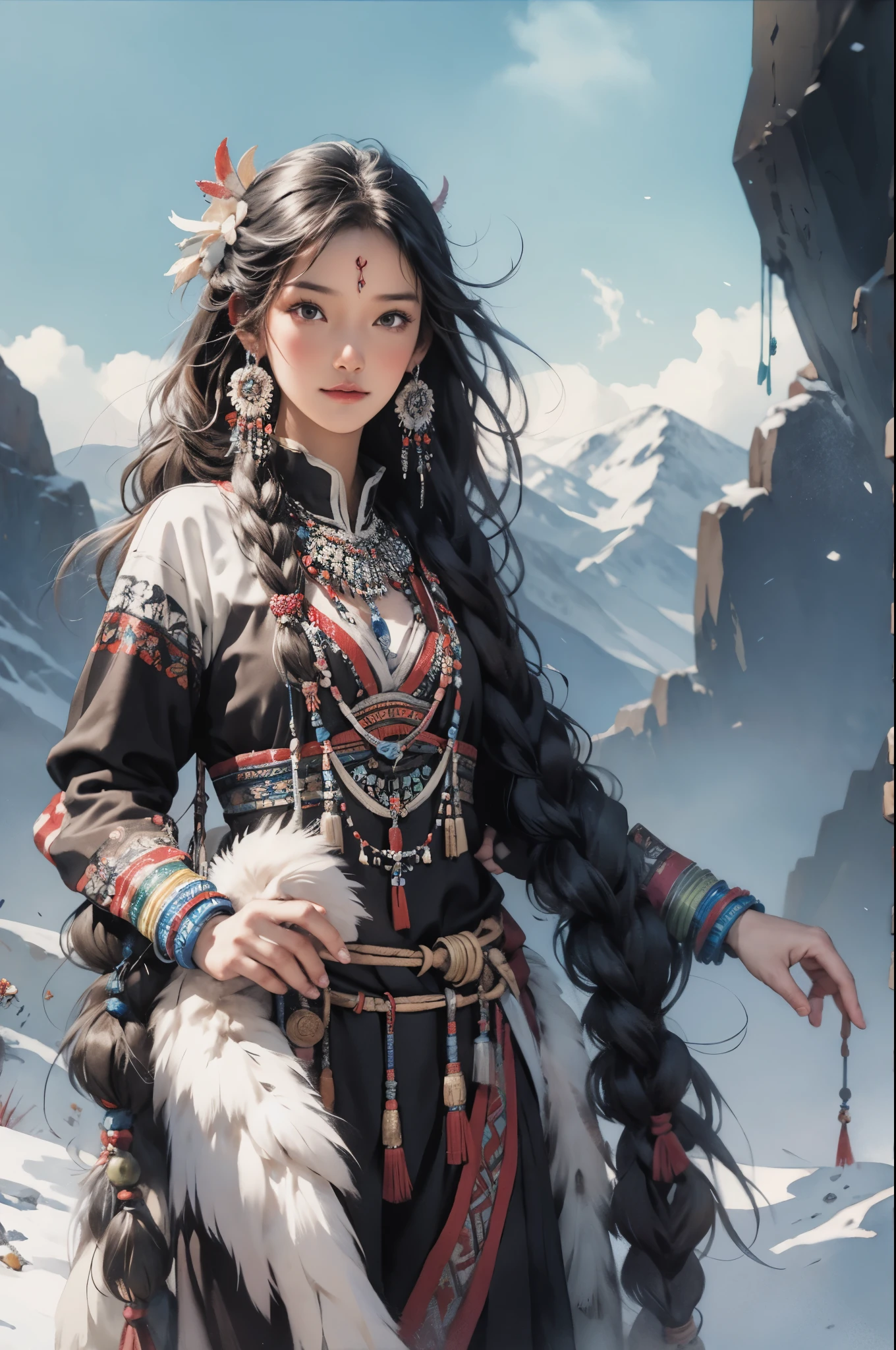 une femme indigène vêtue d'une robe traditionnelle avec une coiffe et des plumes, une peinture détaillée de Yang J, tendance sur artstation, art fantastique, oeuvre d&#39;art dans le style de guweiz, guweiz, beau jeune esprit du vent, belle peinture de personnage, Guweiz sur ArtStation Pixiv, Art détaillé 8k de haute qualité, guweiz sur pixiv artstation