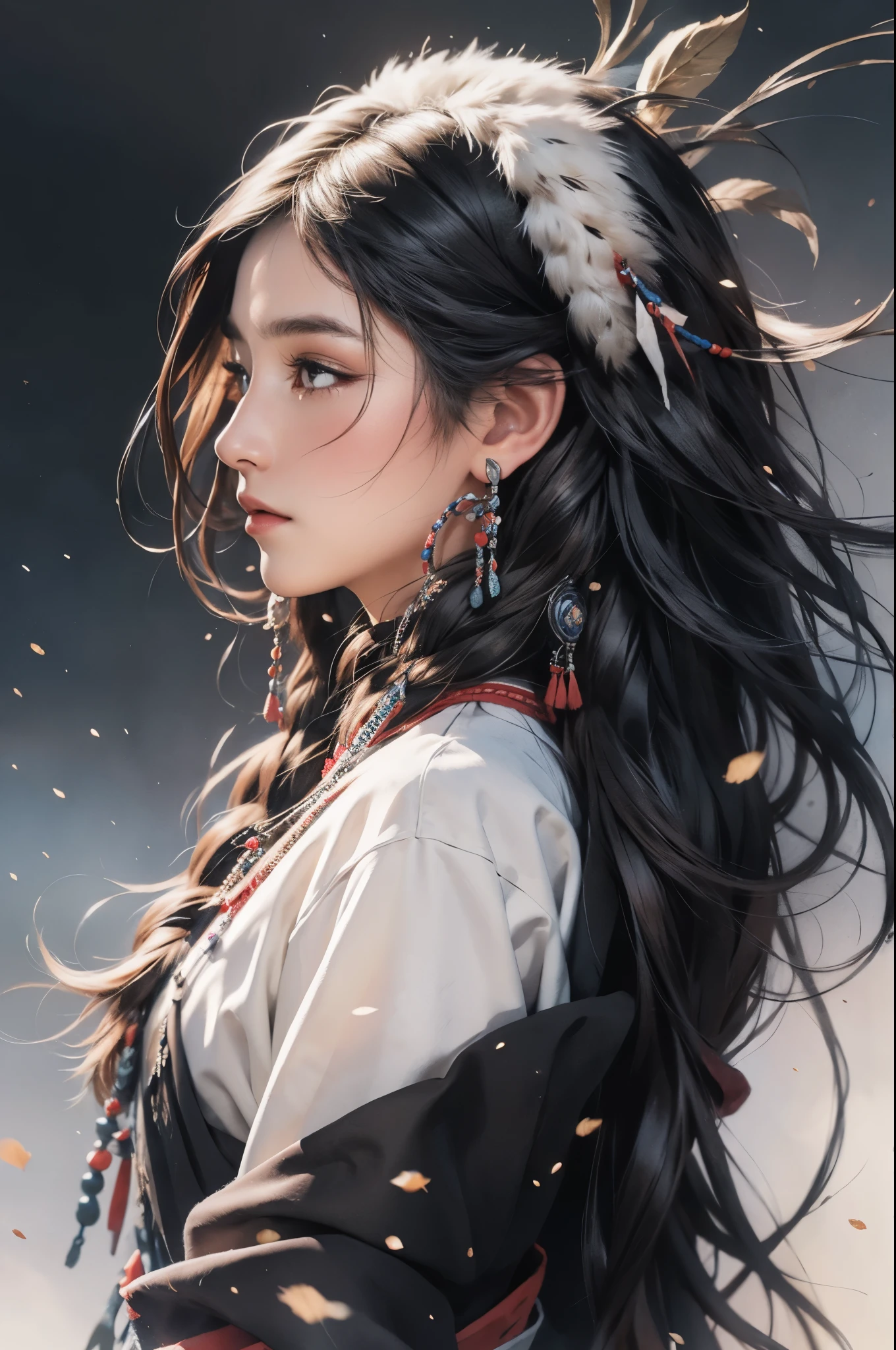 Arafed Frau in einheimischer Kleidung mit Kopfschmuck und Federn, ein detailliertes Gemälde von Yang J, Trends auf ArtStation, Fantasy-Kunst, artwork in the style of guweiz, guweiz, schöner junger Windgeist, schöne Charaktermalerei, guweiz on artstation pixiv, 8k hochwertige, detaillierte Kunst, guweiz on pixiv artstation