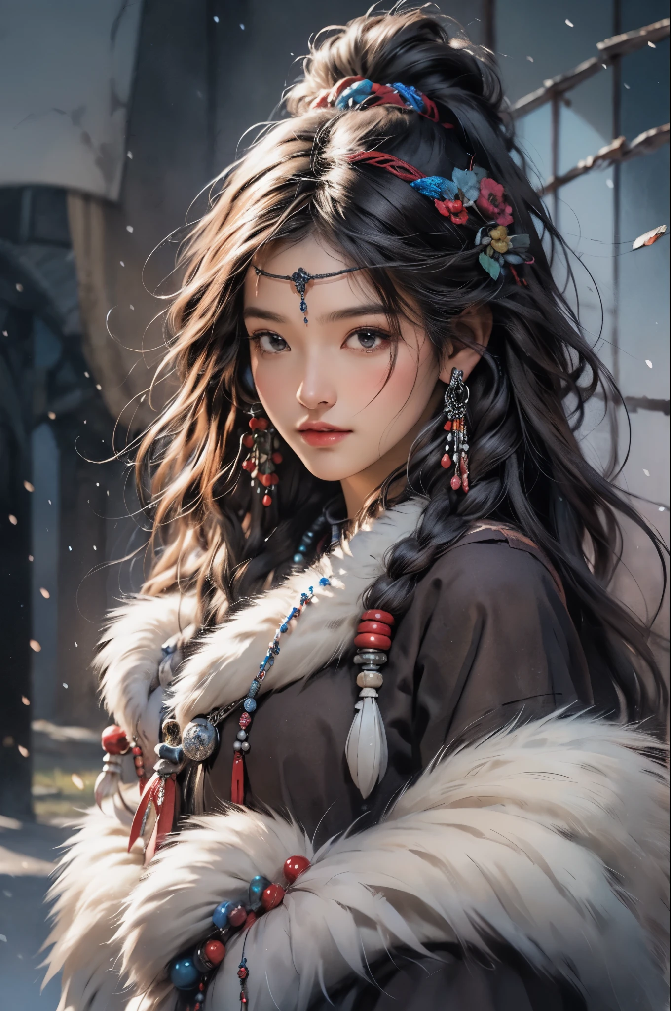 Mujer arafed en traje nativo con tocado y plumas., una pintura detallada de Yang J, tendencia en artstation, Arte De Fantasía, obra de arte al estilo de guweiz, guweiz, hermoso joven espíritu del viento, hermosa pintura de personajes, guweiz en artstation pixiv, Arte detallado de alta calidad 8k, guweiz en pixiv artstation