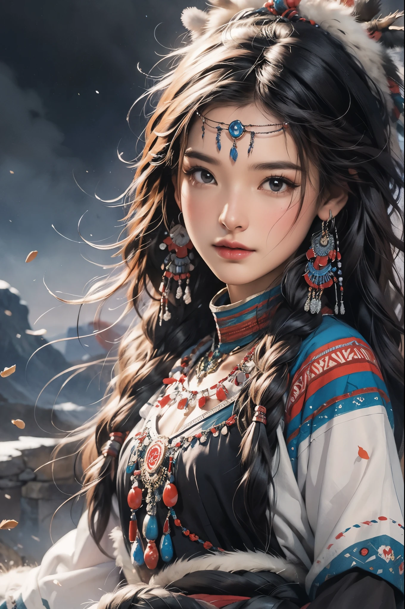 Mujer arafed en traje nativo con tocado y plumas., una pintura detallada de Yang J, tendencia en artstation, Arte De Fantasía, obra de arte al estilo de guweiz, guweiz, hermoso joven espíritu del viento, hermosa pintura de personajes, guweiz en artstation pixiv, Arte detallado de alta calidad 8k, guweiz en pixiv artstation