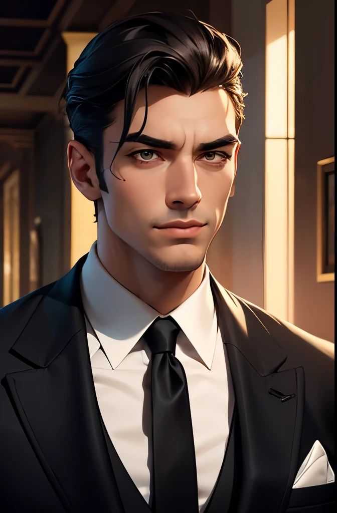 stunningly handsome man, cocky smile, a digital painting of a dashing spy in a black suit, masculine haircut, retro pulp noir comic cover, sexy man with dark brown hair, in the art style of Artgerm, mafia, marvel comic book characters, award-winning artwork, the smooth black lion, beautiful rendering, widow maker, chiaroscuro , ray tracing, flirty, intrigue, dynamic pose, dynamic angle