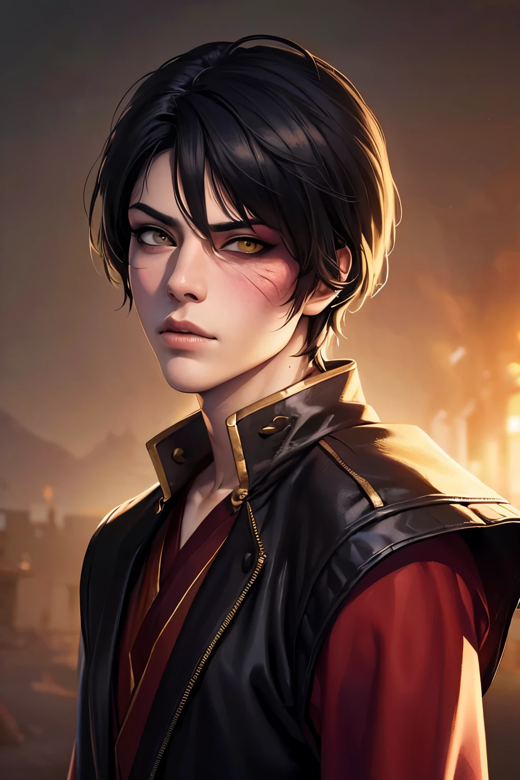 (4k,8k,best quality, masterpiece:1.2), ultra-detailed, realistic, perfect face, perfect nose, detailed hair, detailed eyes, detailed lips, (((cowboy shot))), realistic colors, studio lightning, small mouth, looking at viewer, glare, disdain, zuko, scar, yellow eyes, japanese clothes