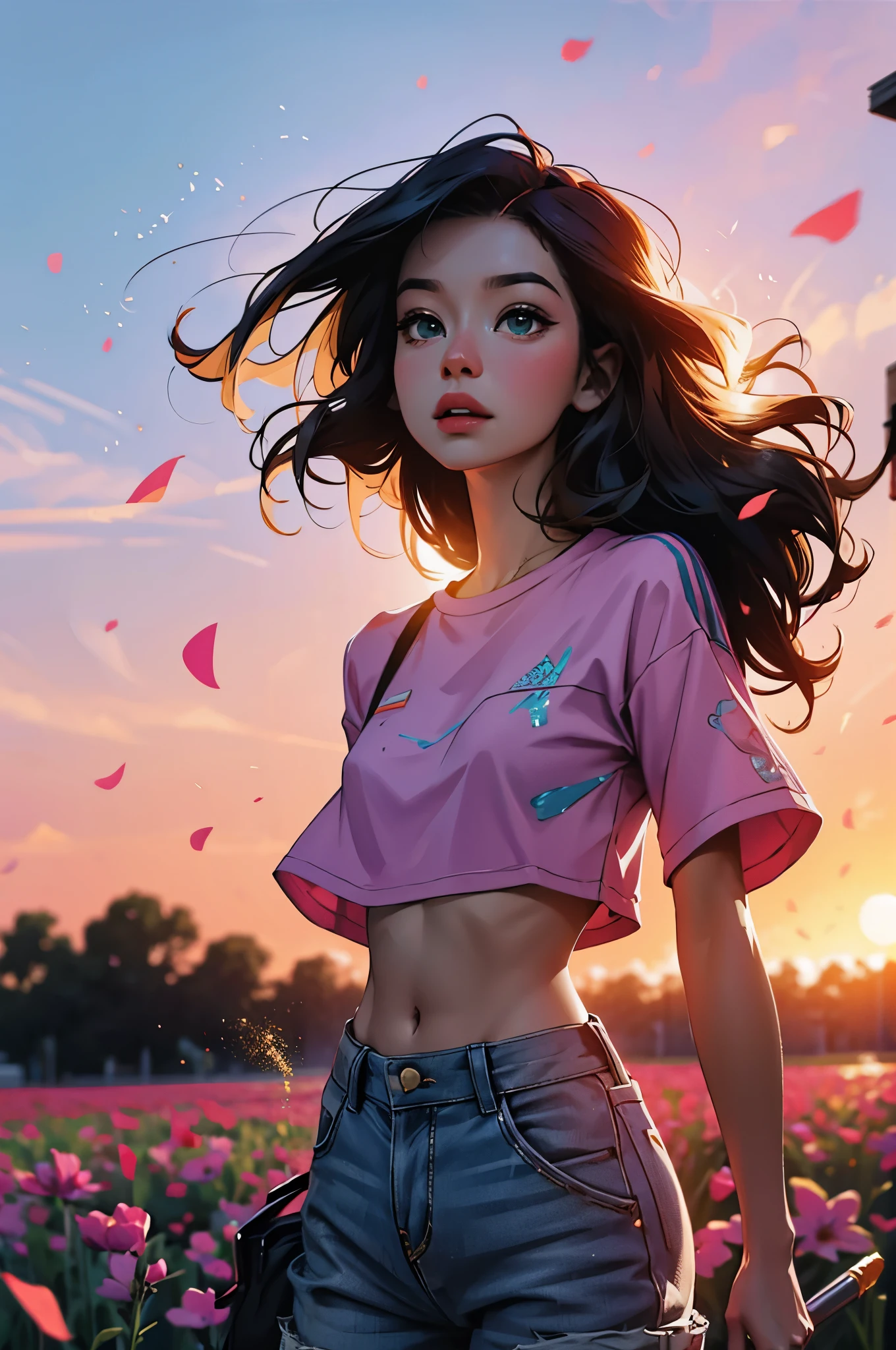 award winning digital art, half body portrait of a beautiful woman in a pink crop top and cargo pants with navy blue teal hairstyle with head in motion and long hair flying, in a flower field, golden sunset, particles dust, glitter, paint splashes, splatter, outrun, vaporware, shaded flat illustration, digital art, trending on artstation, highly detailed, fine detail, intricate