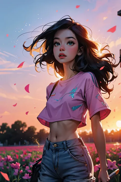 award winning digital art, half body portrait of a beautiful woman in a pink crop top and cargo pants with navy blue teal hairst...