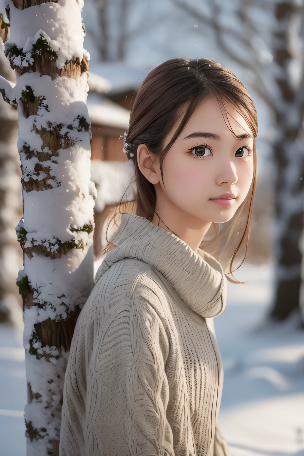 ((sfw: 1.4)), (sfw, birches with snow, old house, sun in the background, 1 girl)), ultra high resolution, (realistic: 1.4), RAW photo, highest quality, (photorealistic stick), focus, soft light, ((15 years old)), ((Japanese)), (((young face))), (surface), (depth of field), masterpiece, (photorealistic), woman , bangs, ((1 girl))