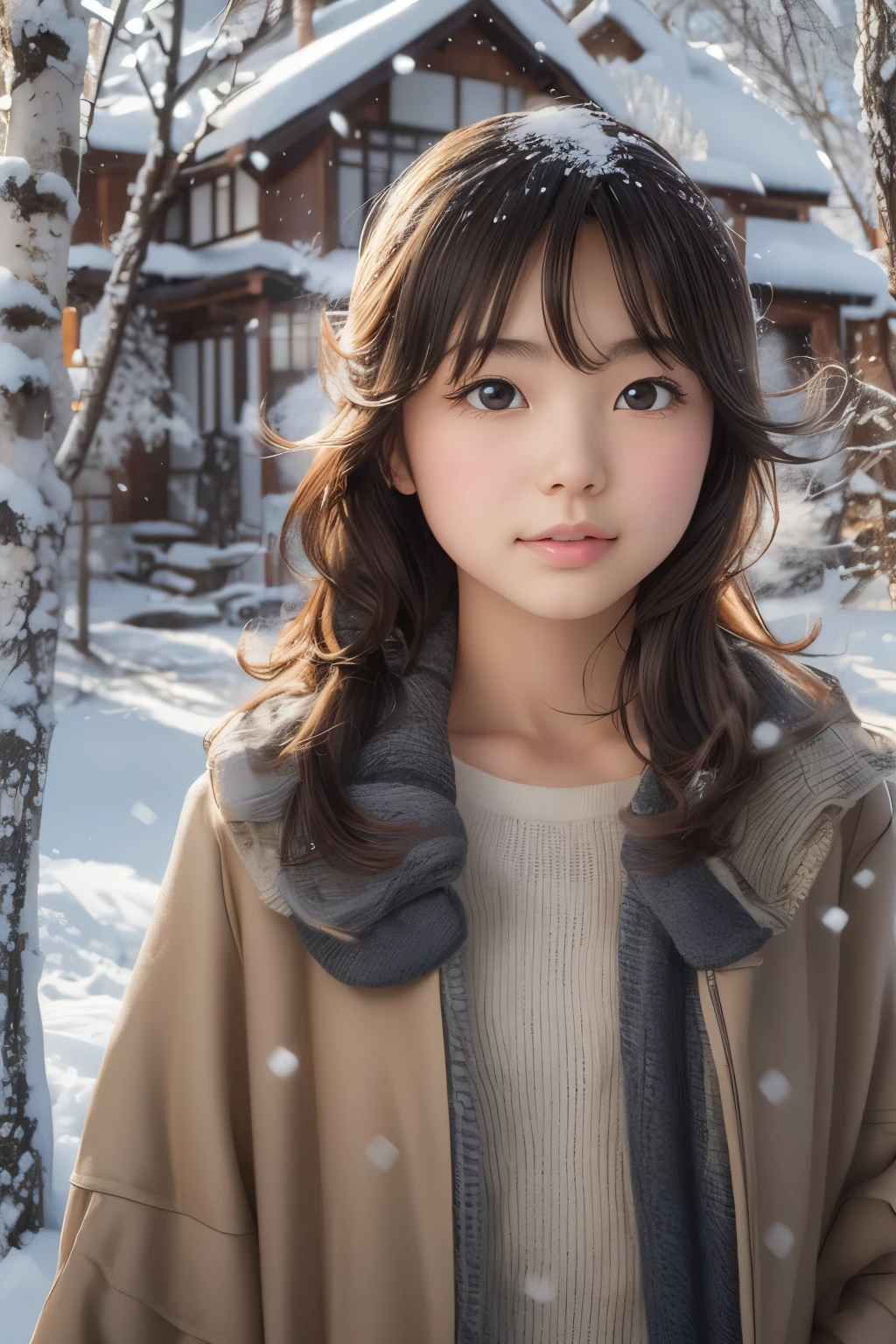 ((sfw: 1.4)), (sfw, birches with snow, old house, sun in the background, 1 girl)), ultra high resolution, (realistic: 1.4), RAW photo, highest quality, (photorealistic stick), focus, soft light, ((15 years old)), ((Japanese)), (((young face))), (surface), (depth of field), masterpiece, (photorealistic), woman , bangs, ((1 girl))