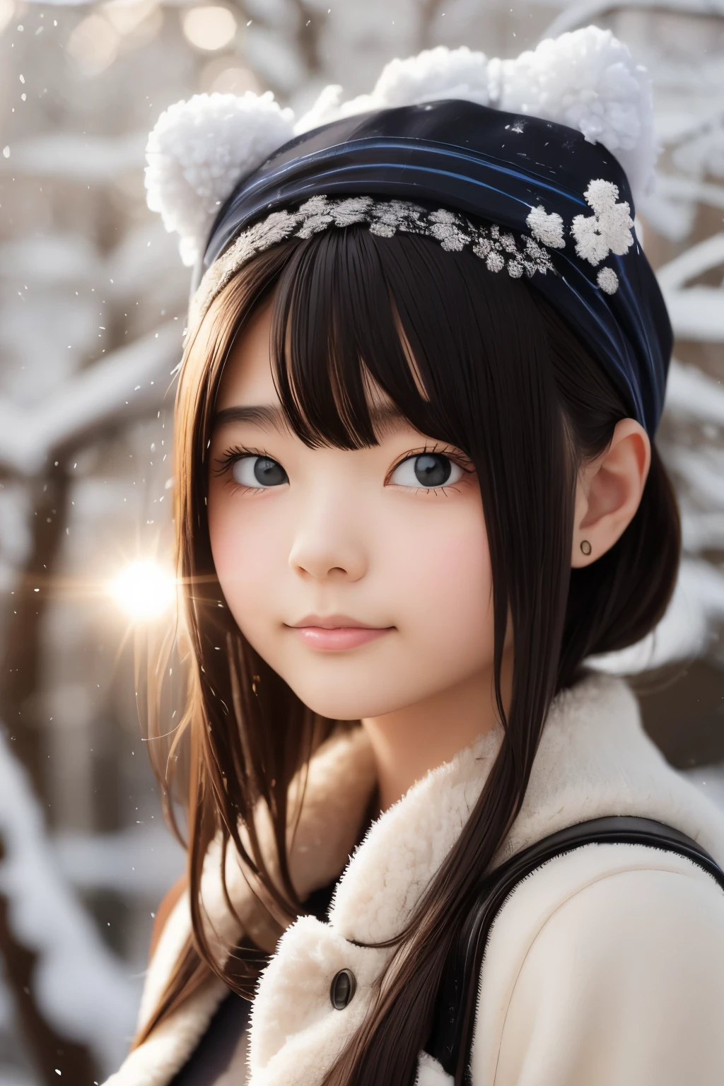 ((sfw: 1.4)), (sfw, birches with snow, old house, sun in the background, 1 girl)), ultra high resolution, (realistic: 1.4), RAW photo, highest quality, (photorealistic stick), focus, soft light, ((15 years old)), ((Japanese)), (((young face))), (surface), (depth of field), masterpiece, (photorealistic), woman , bangs, ((1 girl))