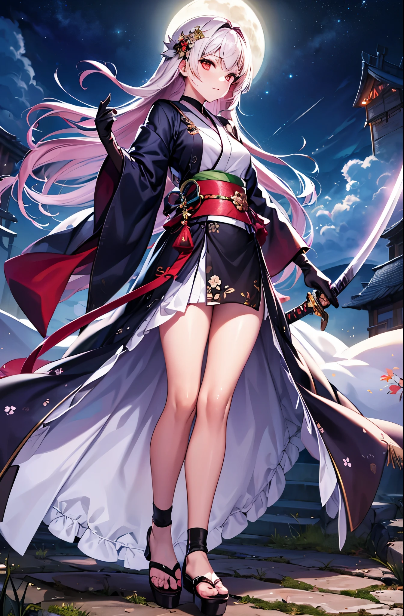 (Super beautiful CG, high quality), (Medium breastasterpiece: 1.8), ((Super quality)), ((Ultra detailed illustrations)), ((Stunning CG)),female focus,kawaii
1girl, solo, looking at viewer, bangs, purple hair,long sleeves, red eyes, holding, closed mouth, standing, full body, weapon, outdoors, japanese clothes, sky, looking back, sword, kimono, black footwear, ［［holding weapon］］, tree, ［［sash］］, night, holding sword, floral print, moon, ［［katana］］,［［ fire］］, sheath, night sky, ［Crescent Moon］, ［white kimono］, bare tree,［torii］, holding sheath, shrine,gloves