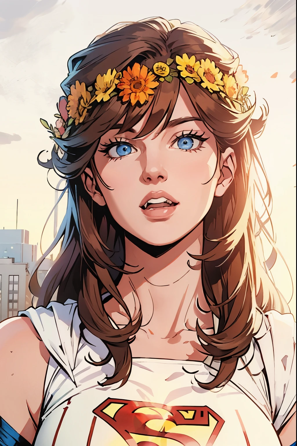 there is a woman with a flower crown on her head, ((Superman suit))，(blue eyes),90s comic ,Marvel Comics，background is New York city's，professional comic book style, prominent outline linework