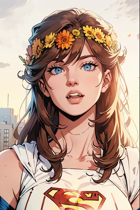 there is a woman with a flower crown on her head, ((Superman suit))，(blue eyes),90s comic ,Marvel Comics，background is New York ...
