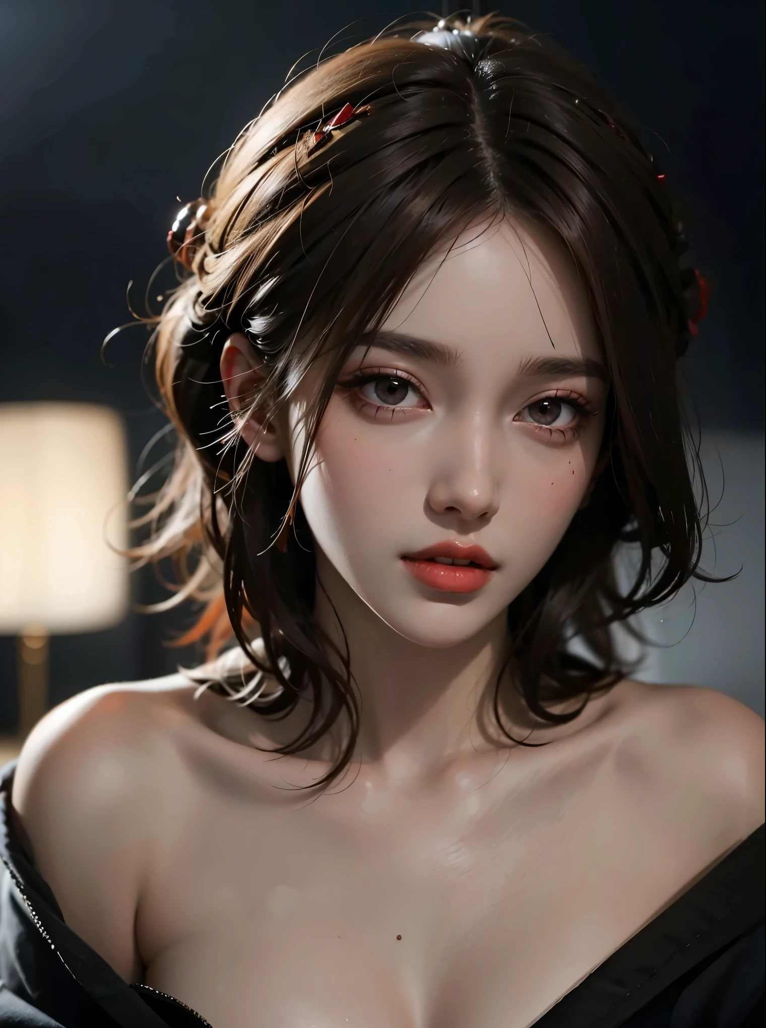 Reddish-brown hair，Long curly hair，high ponytail，red headdress，red eyes，red eye，red pupils，Delicate and detailed eyes，sparkling eyes，Eye balance