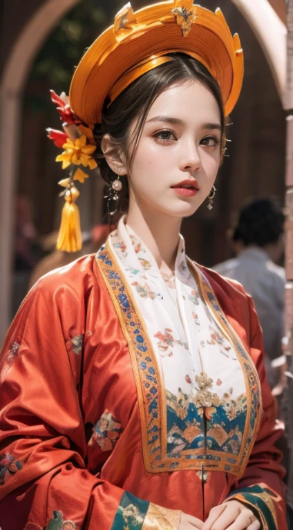 portrait of a beautiful 30 year old holy woman, wearing a thin multicolored silk dress, beautiful face without blemishes, ((natural smile:0.3)), Mouth closed, ((7-color hair length:1.2)), big crown, hair brooch, hanfu dress, chinese ancient style, full body jewelry, forehead tattoo, super even chest, face, red lips, delicate pink and white eyes (white and detailed) cinematic, light and dark, dramatic lighting, magical light, extremely detailed light, true color, super sharp, realistic, 8k quality, fantasy universe background, saints and magical space, the most detailed images, Exhibition photo, awarded, Eye-catching bright tone effect,