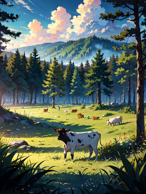 cow,
BREAK (masterpiece, best quality:1.2), outdoors, nature, forest, pines, grass, tall grass, detailed grass, plants, day, clo...