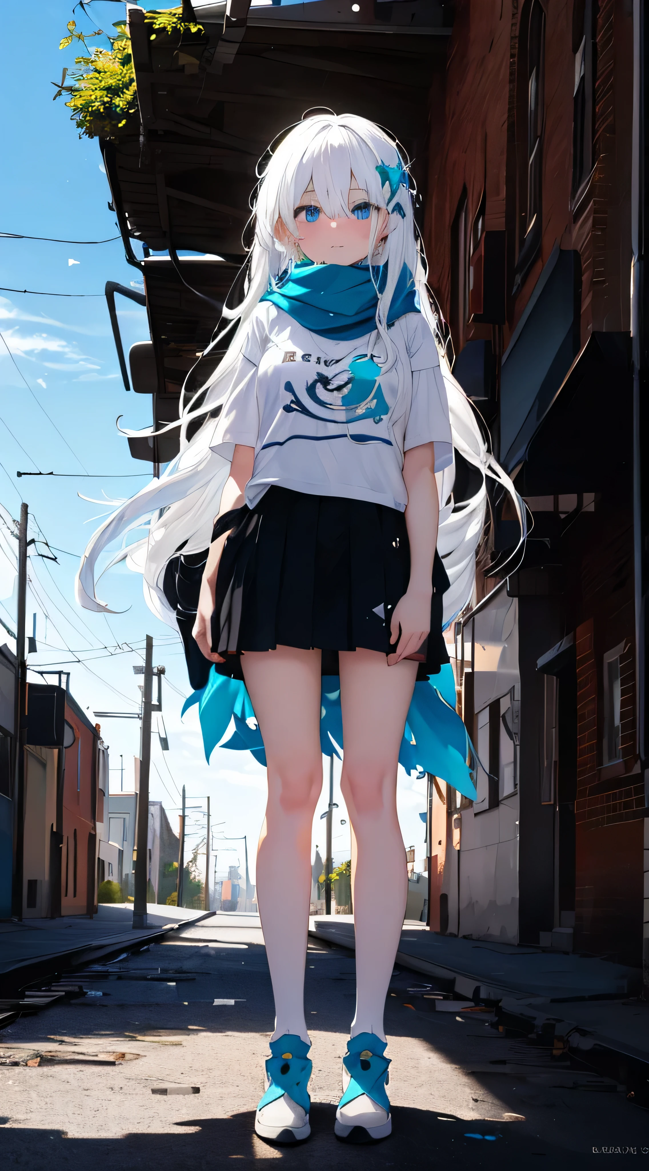 (masterpiece, 8K, very accurate, clear picture, full HD), 1girl, (a girl ), (white hair), long hair, bangs, bright blue eyes, embarassed face, white T - shirt,  cyan scarf, full body