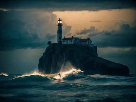 lighthouse,rough sea in winter,a girl on a boat,up and down,big waves,stormy sky,seagulls,fierce wind,brave girl,crashing waves,...