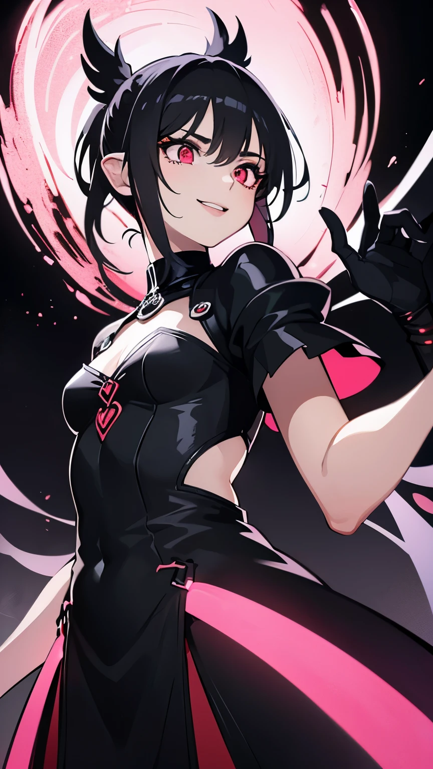 1girl, fairy girl, small, fairy wings, ((glowing pink fairy wings)), (fairy wings), Black hair color, ponytail hairstyles, short ponytail, red eye color, wearing leather armor, silver shoulder pads, black clothes,(glowing eyes), high resolution, extremely detailed CG unity 8k wallpaper, ((masterpiece)), ((top-quality)), (beautiful illustration), ((an extremely delicate and beautiful)), (masterpiece, Best quality, ultra high resolution), 1 girl, pale skin, Black Crown, red eyes, Luminous_eyes, neon red eyes, ultra detailed eyes, Beautiful and detailed face, detailed eyes, (Centered, torso), (wide shot:0.9), facing the viewer, Eye level, (floating hair), character focus, ((black light)), ((dark lighting)), cinematic lighting ,(darkness), (concept art), ((energetic face)), wide open smile, waving excitedly, dark black hair, ((red eyes))