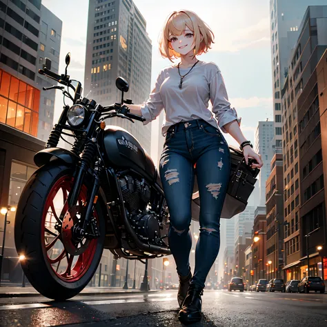 a woman wearing a white shirt, dark jeans, next to a motorcycle, short blonde hair, red bangs, brown eyes, in a city at night, s...