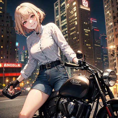 a woman wearing a white shirt, dark jeans, next to a motorcycle, short blonde hair, red bangs, brown eyes, in a city at night, s...