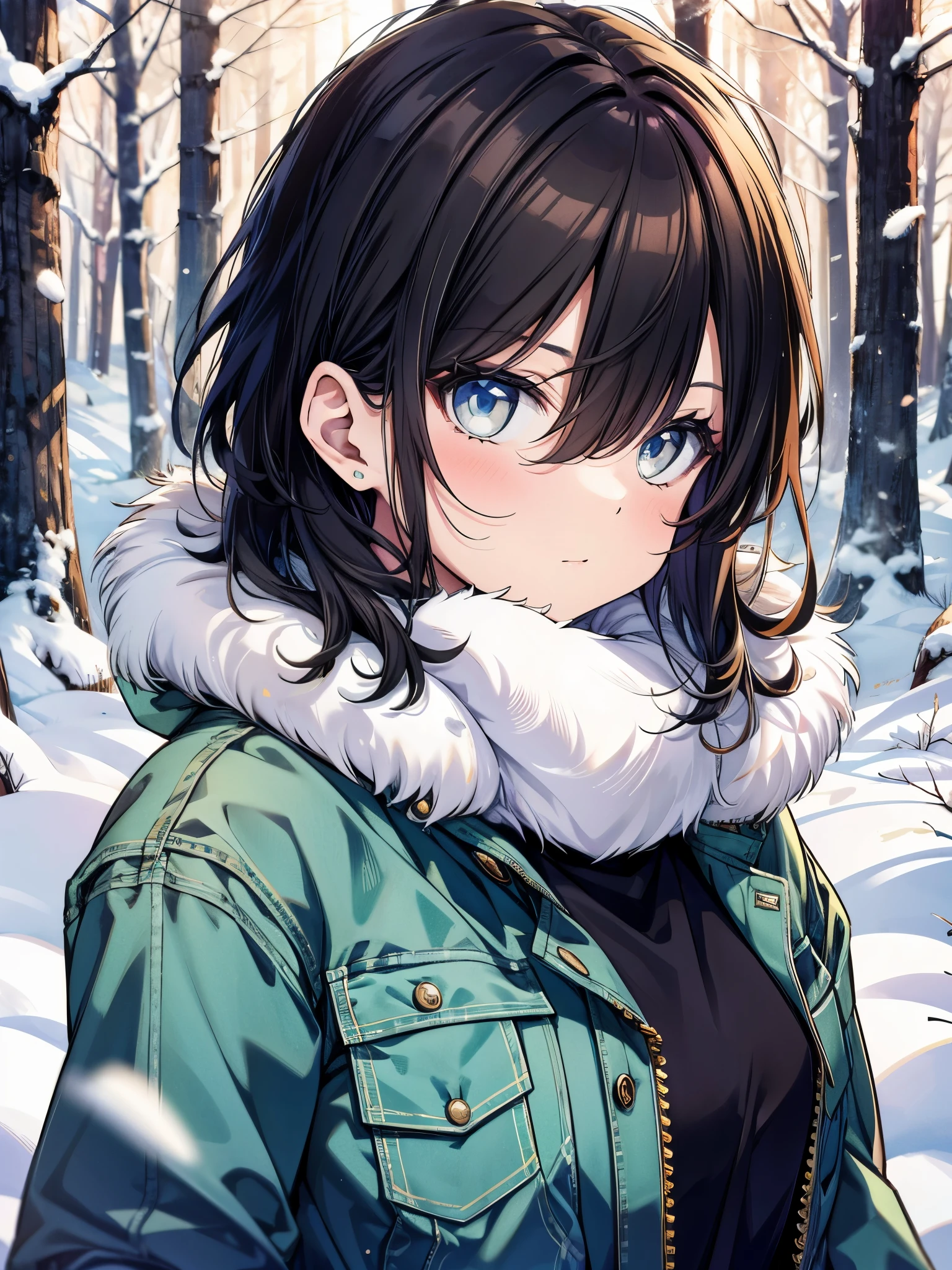 (best quality, ultra-high resolution, depth of field:1.2), solo, adult, 1woman, toned body, medium breasts, wide hips, black hair, streaked hair, short hair, bangs, upturned eyes, bright eyes, a steady, assessing gaze, winter, warmly dressed (wearing a pristine charcoal coat), denim jeans, wisps of hair on her perfectly contoured face, serious expression, posing for modeling,  snow-laden pine forest, golden light filtering through the trees