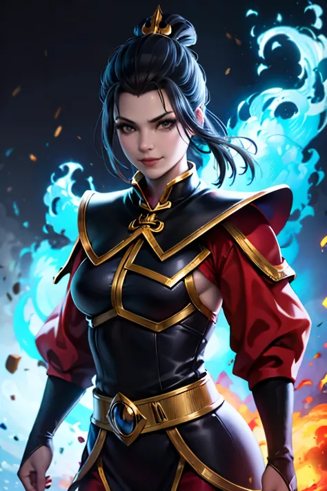 (4k,8k,best quality, masterpiece:1.2), ultra-detailed, realistic, perfect face, perfect nose, detailed hair, detailed eyes, detailed lips, (((cowboy shot))), realistic colors, studio lightning, small mouth, looking at viewer, glare, smile, smirk, azula, si...