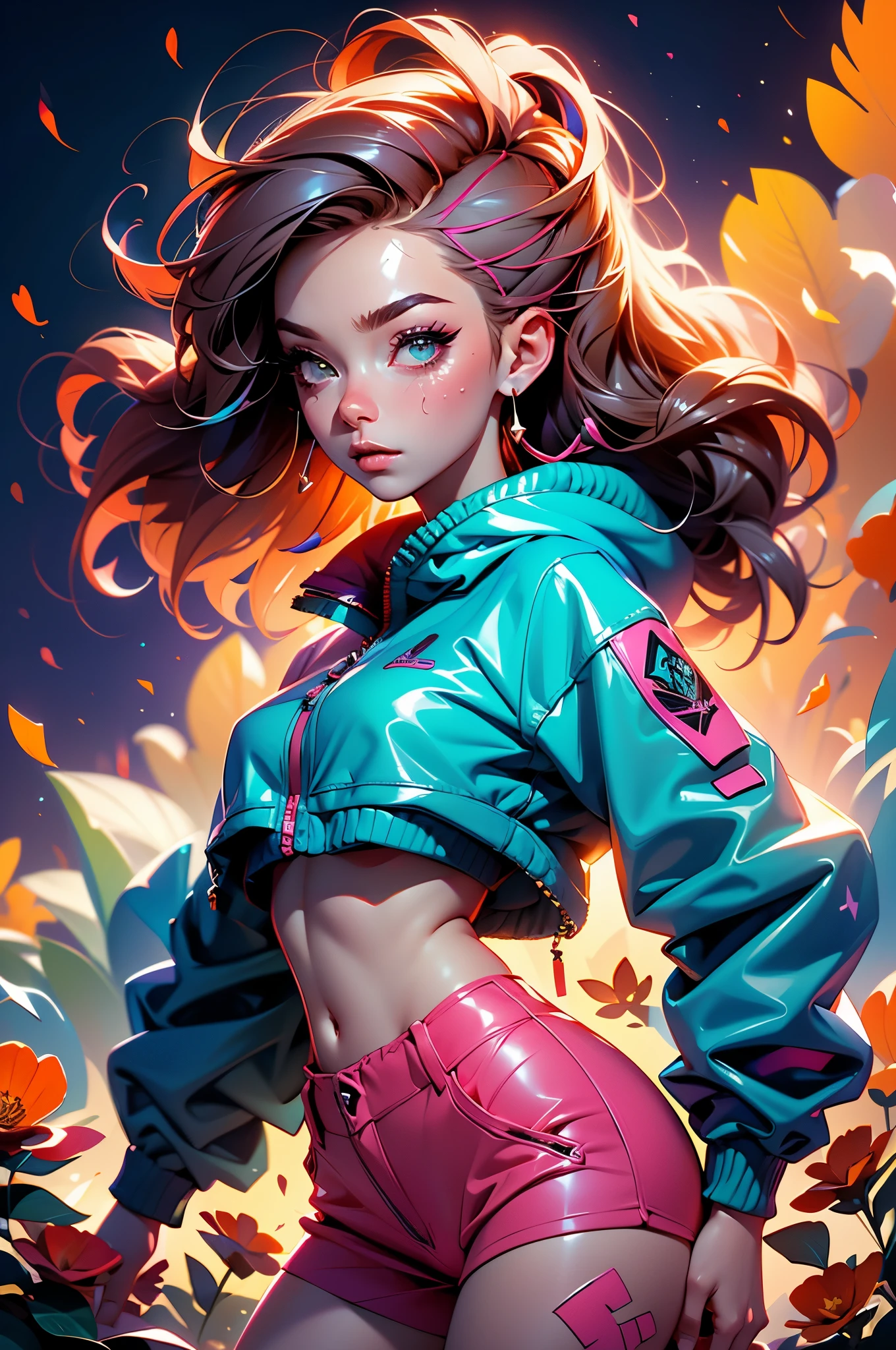 award winning digital art, half body portrait of a beautiful woman in a pink crop top and cargo pants with navy blue teal hairstyle with head in motion and long hair flying, in a flower field, golden sunset, particles dust, glitter, paint splashes, splatter, outrun, vaporware, shaded flat illustration, digital art, trending on artstation, highly detailed, fine detail, intricate