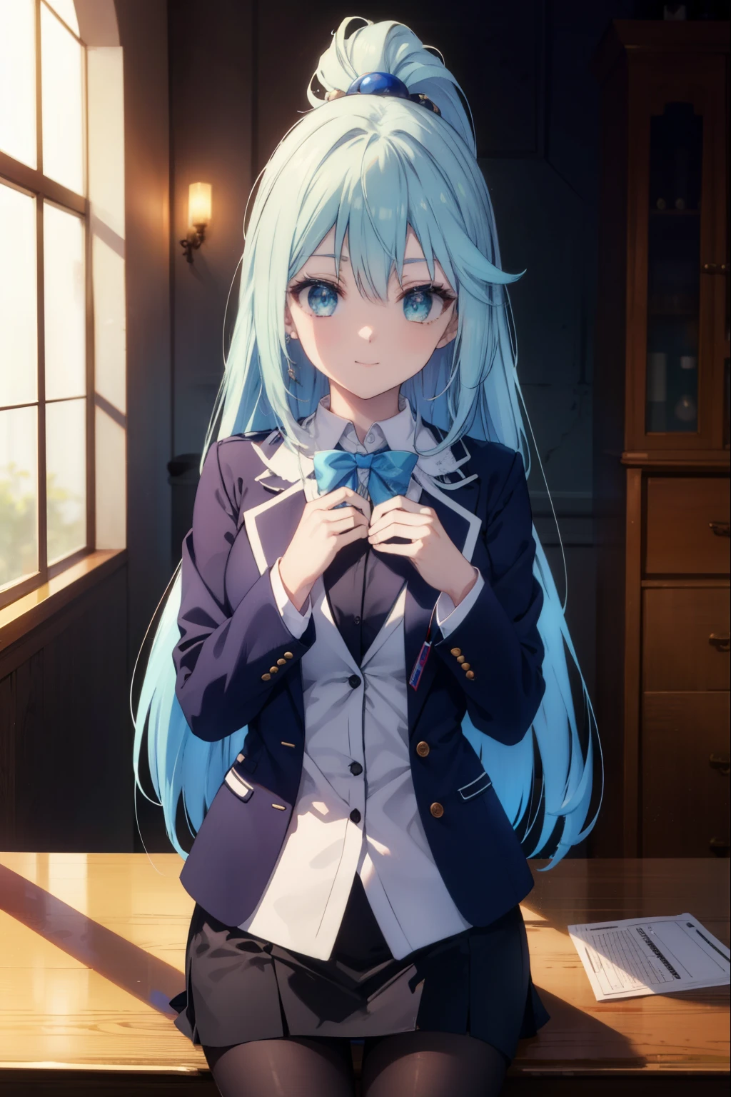 konosubaaqua, aqua, long hair, blue eyes, hair ornaments, very long hair, blue hair, hair ring, シングルhair ring, hair bobble,smile,happy atmosphere,black suit jacket, collared jacket, white dress shirt, collared shirt, neckline, button, strap, ID card on neck, black pencil skirt, black pantyhose, looking at the viewer, medium chest,There&#39;s a lot of food on the table,sitting cross-legged on a chair,
break indoor, canteen,
break looking at viewer, (cowboy shot:1.5),
break (masterpiece:1.2), highest quality, High resolution, unity 8k wallpaper, (figure:0.8), (detailed and beautiful eyes:1.6), highly detailed face, perfect lighting, Very detailed CG, (perfect hands, perfect anatomy),