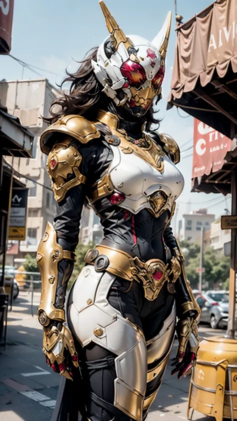 A woman adorned in fantasy-style full-body armor, a crown-concept fully enclosed helmet that unveils only her eyes, a composite ...