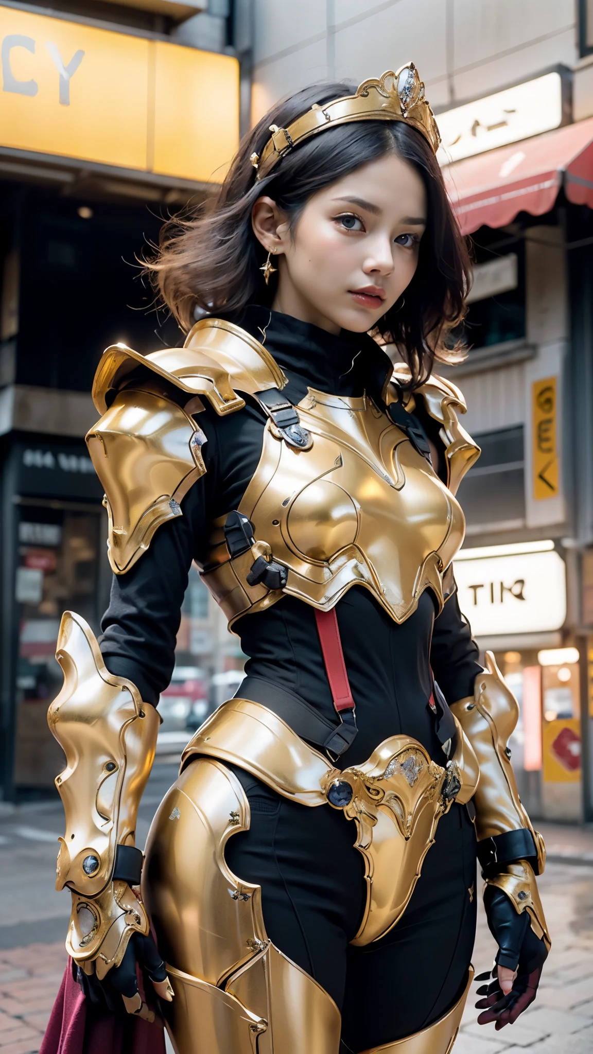 A woman adorned in fantasy-style full-body armor, a crown-concept fully enclosed helmet that unveils only her eyes, a composite layered chest plate, fully encompassing shoulder and hand guards, a lightweight waist armor, form-fitting shin guards, the overall design is heavy-duty yet flexible, ((the armor gleams with a golden glow, complemented by red and blue accents)), exhibiting a noble aura, she floats above the Futuristic city, this character embodies a finely crafted fantasy-surreal style armored hero in anime style, exquisite and mature manga art style, (Queen bee mixed with Spider concept Armor, photorealistic:1.4, real texture material:1.2, professional photo, cinematic), ((city night view, element, energy, elegant, goddess, femminine:1.5)), metallic, high definition, best quality, highres, ultra-detailed, ultra-fine painting, extremely delicate, anatomically correct, symmetrical face, extremely detailed eyes and face, high quality eyes, creativity, RAW photo, UHD, 32k, Natural light, cinematic lighting, masterpiece-anatomy-perfect, masterpiece:1.5