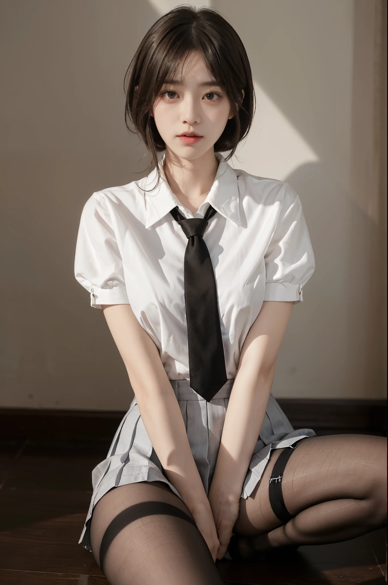 Korean School、summer clothes shirt、tight fit shirt、ribbon tie、skirt、School、School stairs、chest-lifting pose、The focus is on the chest、thin and large、8K RAW Photos、High resolution、18 years old Korean、looking embarrassed、very big round breasts、complex and detailed parts、long eyelashes、beautiful double eyelids、eye shadow、eyeliner、elongated eyes、elongated eyesの形、Sanpaku eyes are thin and beautiful, legally thin thighs、Random Shorthair、tie your hair back、耳Nipple Ring、light brown hair、(please wear pantyhose)、Spread your legs apart、Pants fully visible、Wansu、Well good、Invisibility、