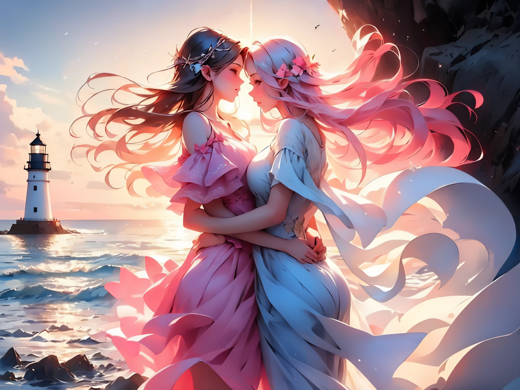 loving couple,standing in front of ((lighthouse)),watching sunrise,beautiful detailed eyes,beautiful detailed lips,extremely detailed eyes and face,long eyelashes,ocean breeze,soft sunlight,romantic atmosphere,gentle waves,sparkling water,spectacular view,sunlight reflecting on the water,serene and peaceful moment,colorful sky,orange and pink hues,crimson clouds(photorealistic:1.37),vivid colors,natural lighting,realistic textures,highres,dreamlike scene,loving embrace,close together,captivating surroundings,soft breeze caressing their faces,calm and joyous,holding hands,unconditional love,and happiness,romantic date,morning serenity,spectacular horizon,enchanting ambiance, sea gall