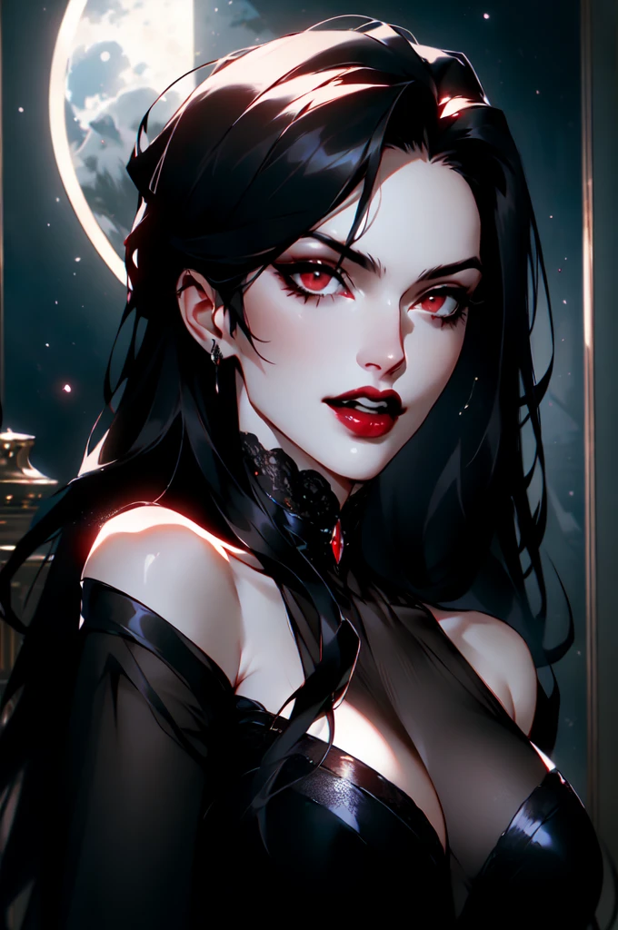 { - anatomy error}(Masterpiece - Ultra-detailed, very high resolution) portrait of vampire queen standing in dark, black hair, long hair,  no pupils, no sclera, red lips, fangs, castle indoors, moonlight, particles , dinamic poses