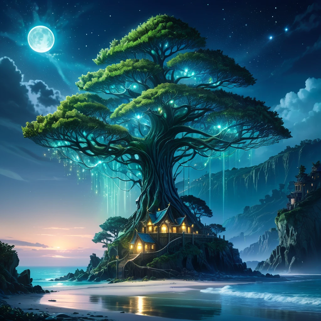 On the shore of a fantasy world, an Elven tree city is near the coast. The city is built within the vast branches of enormous trees, blending harmoniously with nature. The majestic trees reach towards the sky, their branches creating a mesmerizing canopy overhead. The city is illuminated by gentle moonlight, casting an ethereal glow on the Elven dwellings, which are intricately built with delicate, artistic designs. As we focus on the coast, our attention is drawn to an immense tree standing tall and proud. This tree acts as a beacon of light, guiding ships safely to the shore. Adorning its branches are glowing nodules that emit a soft, radiant light, resembling stars in the night sky. The nodules flicker and dance, casting enchanting shadows on the surrounding landscape. The night is calm, and the air carries a gentle breeze that rustles through the leaves. The sound of waves crashing against the shore provides a soothing melody. The ocean stretches endlessly into the horizon, reflecting the moon's shimmering light. In this breathtaking scene, the image quality is of utmost importance. The prompt demands the highest level of detail, capturing every intricate element with precision. It is a masterpiece in the making, with ultra-detailed textures and realistic rendering. The colors are vivid, enhancing the magical ambiance of the Elven city and its surroundings. The art style portrayed in this prompt is a blend of fantasy and realism. It captures the essence of nature and the mystical allure of the Elven world. It is a remarkable mix of enchantment and tranquility, creating a sense of wonder and awe. To bring this vision to life, the prompt requires the perfect color palette. The colors should exude a sense of mysticism and enchantment. It embodies the beautiful hues of the night, with soft blues, deep purples, and hints of silver and gold, painting a mesmerizing scene. Lastly, the prompt emphasizes the lighting. The Elven tree city is bathed in a soft, moonlit