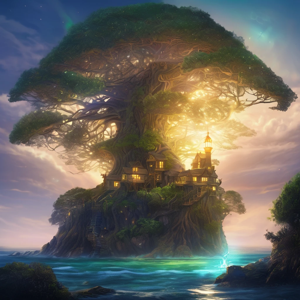 On the shore of a fantasy world, an Elven tree city is near the coast. The city is built within the vast branches of enormous trees, blending harmoniously with nature. The majestic trees reach towards the sky, their branches creating a mesmerizing canopy overhead. The city is illuminated by gentle moonlight, casting an ethereal glow on the Elven dwellings, which are intricately built with delicate, artistic designs. As we focus on the coast, our attention is drawn to an immense tree standing tall and proud. This tree acts as a beacon of light, guiding ships safely to the shore. Adorning its branches are glowing nodules that emit a soft, radiant light, resembling stars in the night sky. The nodules flicker and dance, casting enchanting shadows on the surrounding landscape. The night is calm, and the air carries a gentle breeze that rustles through the leaves. The sound of waves crashing against the shore provides a soothing melody. The ocean stretches endlessly into the horizon, reflecting the moon's shimmering light. In this breathtaking scene, the image quality is of utmost importance. The prompt demands the highest level of detail, capturing every intricate element with precision. It is a masterpiece in the making, with ultra-detailed textures and realistic rendering. The colors are vivid, enhancing the magical ambiance of the Elven city and its surroundings. The art style portrayed in this prompt is a blend of fantasy and realism. It captures the essence of nature and the mystical allure of the Elven world. It is a remarkable mix of enchantment and tranquility, creating a sense of wonder and awe. To bring this vision to life, the prompt requires the perfect color palette. The colors should exude a sense of mysticism and enchantment. It embodies the beautiful hues of the night, with soft blues, deep purples, and hints of silver and gold, painting a mesmerizing scene. Lastly, the prompt emphasizes the lighting. The Elven tree city is bathed in a soft, moonlit