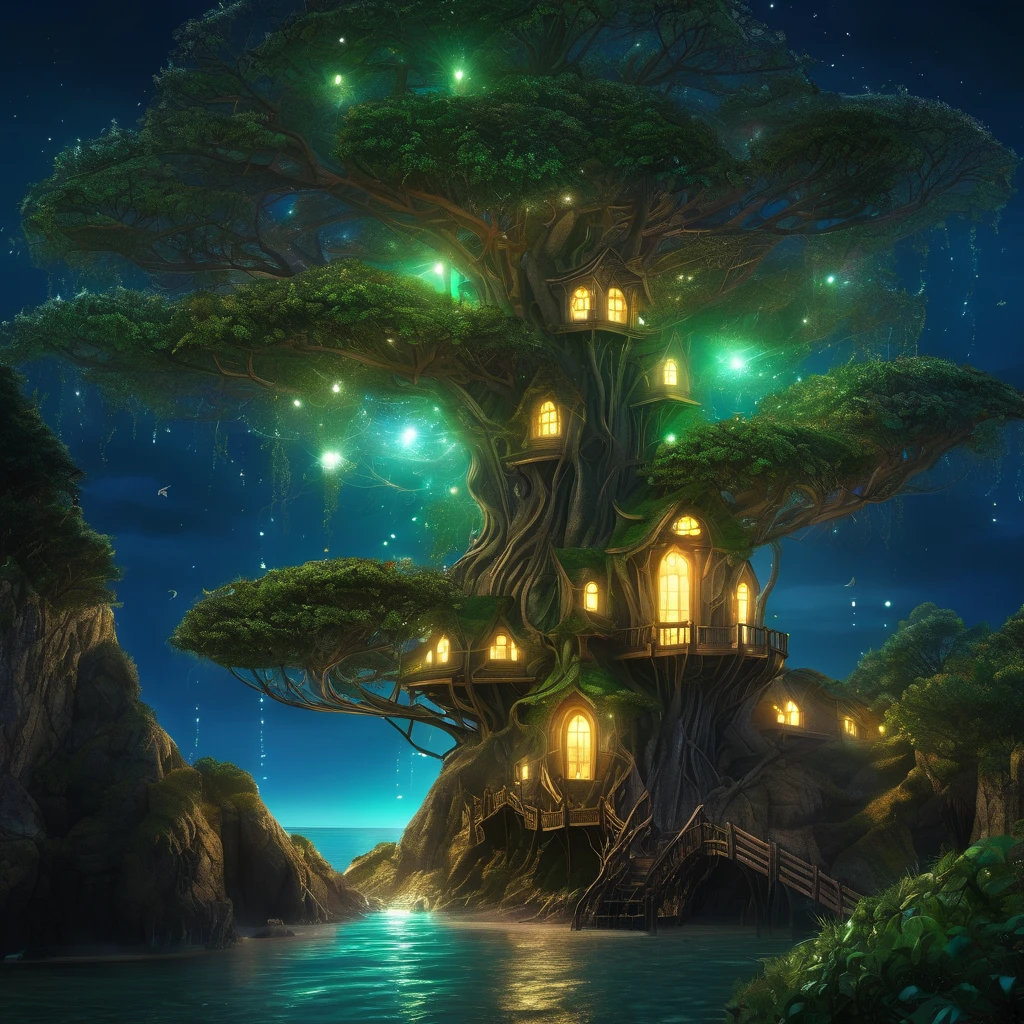 On the shore of a fantasy world, an Elven tree city is near the coast. The city is built within the vast branches of enormous trees, blending harmoniously with nature. The majestic trees reach towards the sky, their branches creating a mesmerizing canopy overhead. The city is illuminated by gentle moonlight, casting an ethereal glow on the Elven dwellings, which are intricately built with delicate, artistic designs. As we focus on the coast, our attention is drawn to an immense tree standing tall and proud. This tree acts as a beacon of light, guiding ships safely to the shore. Adorning its branches are glowing nodules that emit a soft, radiant light, resembling stars in the night sky. The nodules flicker and dance, casting enchanting shadows on the surrounding landscape. The night is calm, and the air carries a gentle breeze that rustles through the leaves. The sound of waves crashing against the shore provides a soothing melody. The ocean stretches endlessly into the horizon, reflecting the moon's shimmering light. In this breathtaking scene, the image quality is of utmost importance. The prompt demands the highest level of detail, capturing every intricate element with precision. It is a masterpiece in the making, with ultra-detailed textures and realistic rendering. The colors are vivid, enhancing the magical ambiance of the Elven city and its surroundings. The art style portrayed in this prompt is a blend of fantasy and realism. It captures the essence of nature and the mystical allure of the Elven world. It is a remarkable mix of enchantment and tranquility, creating a sense of wonder and awe. To bring this vision to life, the prompt requires the perfect color palette. The colors should exude a sense of mysticism and enchantment. It embodies the beautiful hues of the night, with soft blues, deep purples, and hints of silver and gold, painting a mesmerizing scene. Lastly, the prompt emphasizes the lighting. The Elven tree city is bathed in a soft, moonlit