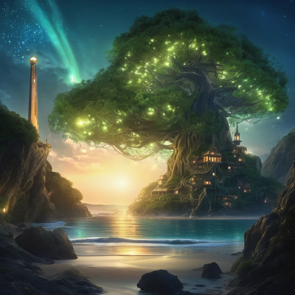 On the shore of a fantasy world, an Elven tree city is near the coast. The city is built within the vast branches of enormous trees, blending harmoniously with nature. The majestic trees reach towards the sky, their branches creating a mesmerizing canopy overhead. The city is illuminated by gentle moonlight, casting an ethereal glow on the Elven dwellings, which are intricately built with delicate, artistic designs. As we focus on the coast, our attention is drawn to an immense tree standing tall and proud. This tree acts as a beacon of light, guiding ships safely to the shore. Adorning its branches are glowing nodules that emit a soft, radiant light, resembling stars in the night sky. The nodules flicker and dance, casting enchanting shadows on the surrounding landscape. The night is calm, and the air carries a gentle breeze that rustles through the leaves. The sound of waves crashing against the shore provides a soothing melody. The ocean stretches endlessly into the horizon, reflecting the moon's shimmering light. In this breathtaking scene, the image quality is of utmost importance. The prompt demands the highest level of detail, capturing every intricate element with precision. It is a masterpiece in the making, with ultra-detailed textures and realistic rendering. The colors are vivid, enhancing the magical ambiance of the Elven city and its surroundings. The art style portrayed in this prompt is a blend of fantasy and realism. It captures the essence of nature and the mystical allure of the Elven world. It is a remarkable mix of enchantment and tranquility, creating a sense of wonder and awe. To bring this vision to life, the prompt requires the perfect color palette. The colors should exude a sense of mysticism and enchantment. It embodies the beautiful hues of the night, with soft blues, deep purples, and hints of silver and gold, painting a mesmerizing scene. Lastly, the prompt emphasizes the lighting. The Elven tree city is bathed in a soft, moonlit