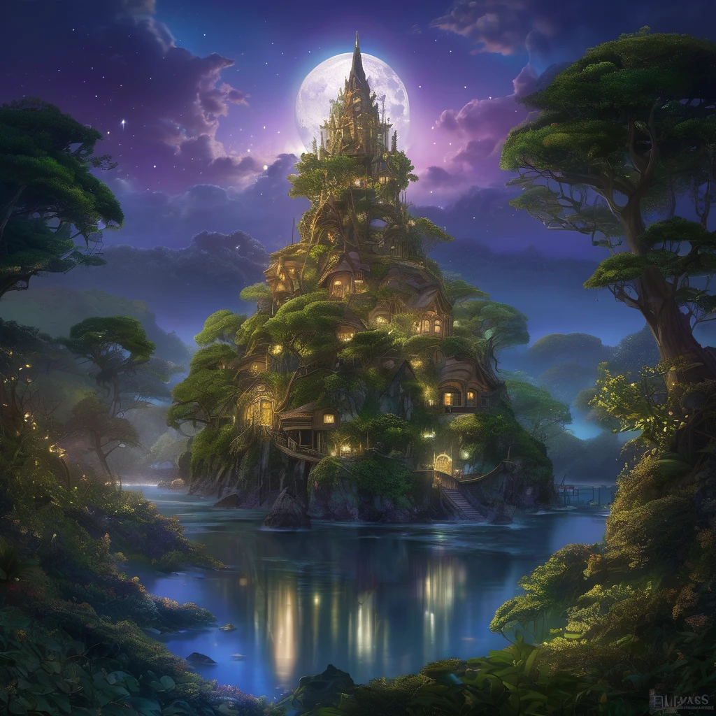 On the shore of a fantasy world, an Elven tree city is near the coast. The city is built within the vast branches of enormous trees, blending harmoniously with nature. The majestic trees reach towards the sky, their branches creating a mesmerizing canopy overhead. The city is illuminated by gentle moonlight, casting an ethereal glow on the Elven dwellings, which are intricately built with delicate, artistic designs. As we focus on the coast, our attention is drawn to an immense tree standing tall and proud. This tree acts as a beacon of light, guiding ships safely to the shore. Adorning its branches are glowing nodules that emit a soft, radiant light, resembling stars in the night sky. The nodules flicker and dance, casting enchanting shadows on the surrounding landscape. The night is calm, and the air carries a gentle breeze that rustles through the leaves. The sound of waves crashing against the shore provides a soothing melody. The ocean stretches endlessly into the horizon, reflecting the moon's shimmering light. In this breathtaking scene, the image quality is of utmost importance. The prompt demands the highest level of detail, capturing every intricate element with precision. It is a masterpiece in the making, with ultra-detailed textures and realistic rendering. The colors are vivid, enhancing the magical ambiance of the Elven city and its surroundings. The art style portrayed in this prompt is a blend of fantasy and realism. It captures the essence of nature and the mystical allure of the Elven world. It is a remarkable mix of enchantment and tranquility, creating a sense of wonder and awe. To bring this vision to life, the prompt requires the perfect color palette. The colors should exude a sense of mysticism and enchantment. It embodies the beautiful hues of the night, with soft blues, deep purples, and hints of silver and gold, painting a mesmerizing scene. Lastly, the prompt emphasizes the lighting. The Elven tree city is bathed in a soft, moonlit