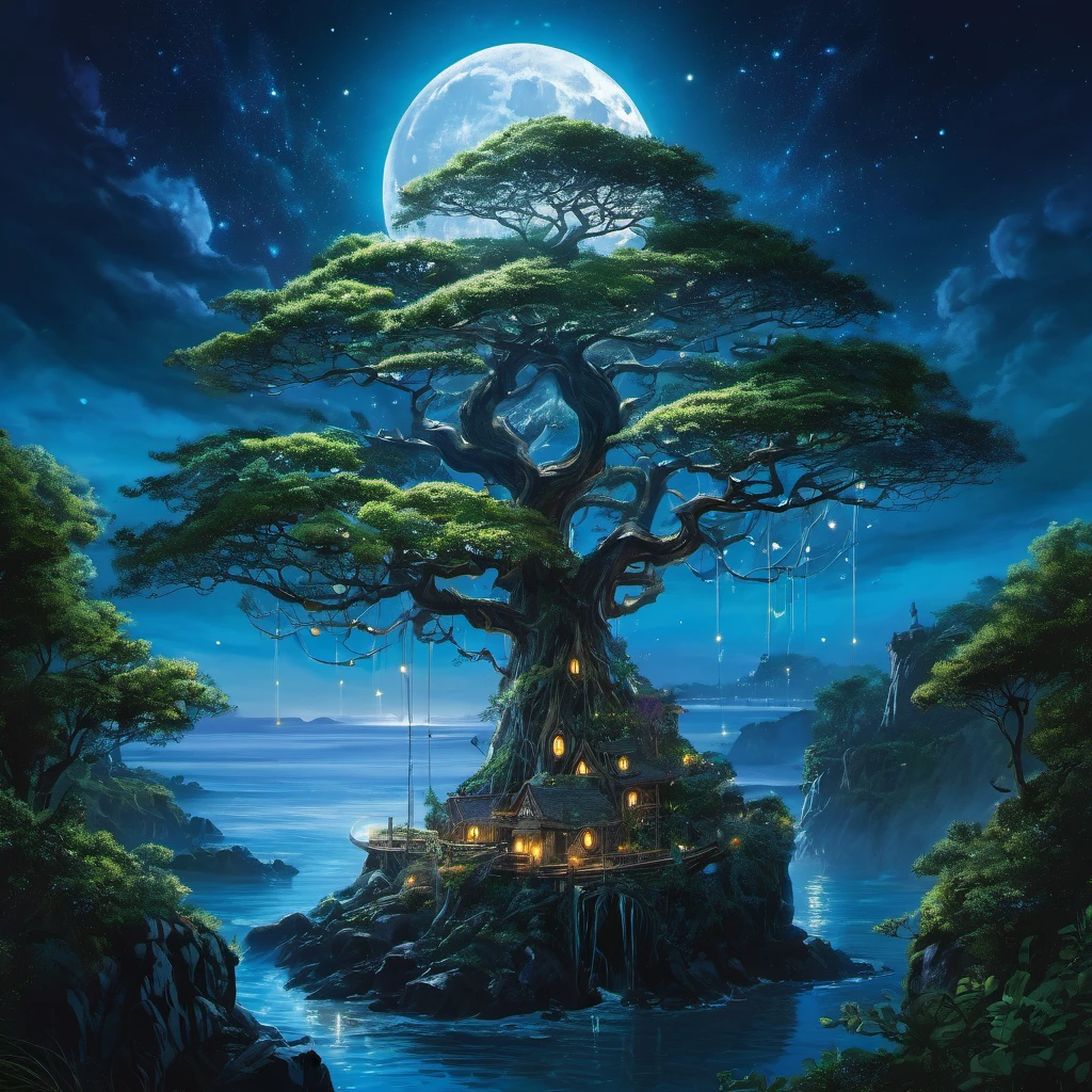 On the shore of a fantasy world, an Elven tree city is near the coast. The city is built within the vast branches of enormous trees, blending harmoniously with nature. The majestic trees reach towards the sky, their branches creating a mesmerizing canopy overhead. The city is illuminated by gentle moonlight, casting an ethereal glow on the Elven dwellings, which are intricately built with delicate, artistic designs. As we focus on the coast, our attention is drawn to an immense tree standing tall and proud. This tree acts as a beacon of light, guiding ships safely to the shore. Adorning its branches are glowing nodules that emit a soft, radiant light, resembling stars in the night sky. The nodules flicker and dance, casting enchanting shadows on the surrounding landscape. The night is calm, and the air carries a gentle breeze that rustles through the leaves. The sound of waves crashing against the shore provides a soothing melody. The ocean stretches endlessly into the horizon, reflecting the moon's shimmering light. In this breathtaking scene, the image quality is of utmost importance. The prompt demands the highest level of detail, capturing every intricate element with precision. It is a masterpiece in the making, with ultra-detailed textures and realistic rendering. The colors are vivid, enhancing the magical ambiance of the Elven city and its surroundings. The art style portrayed in this prompt is a blend of fantasy and realism. It captures the essence of nature and the mystical allure of the Elven world. It is a remarkable mix of enchantment and tranquility, creating a sense of wonder and awe. To bring this vision to life, the prompt requires the perfect color palette. The colors should exude a sense of mysticism and enchantment. It embodies the beautiful hues of the night, with soft blues, deep purples, and hints of silver and gold, painting a mesmerizing scene. Lastly, the prompt emphasizes the lighting. The Elven tree city is bathed in a soft, moonlit