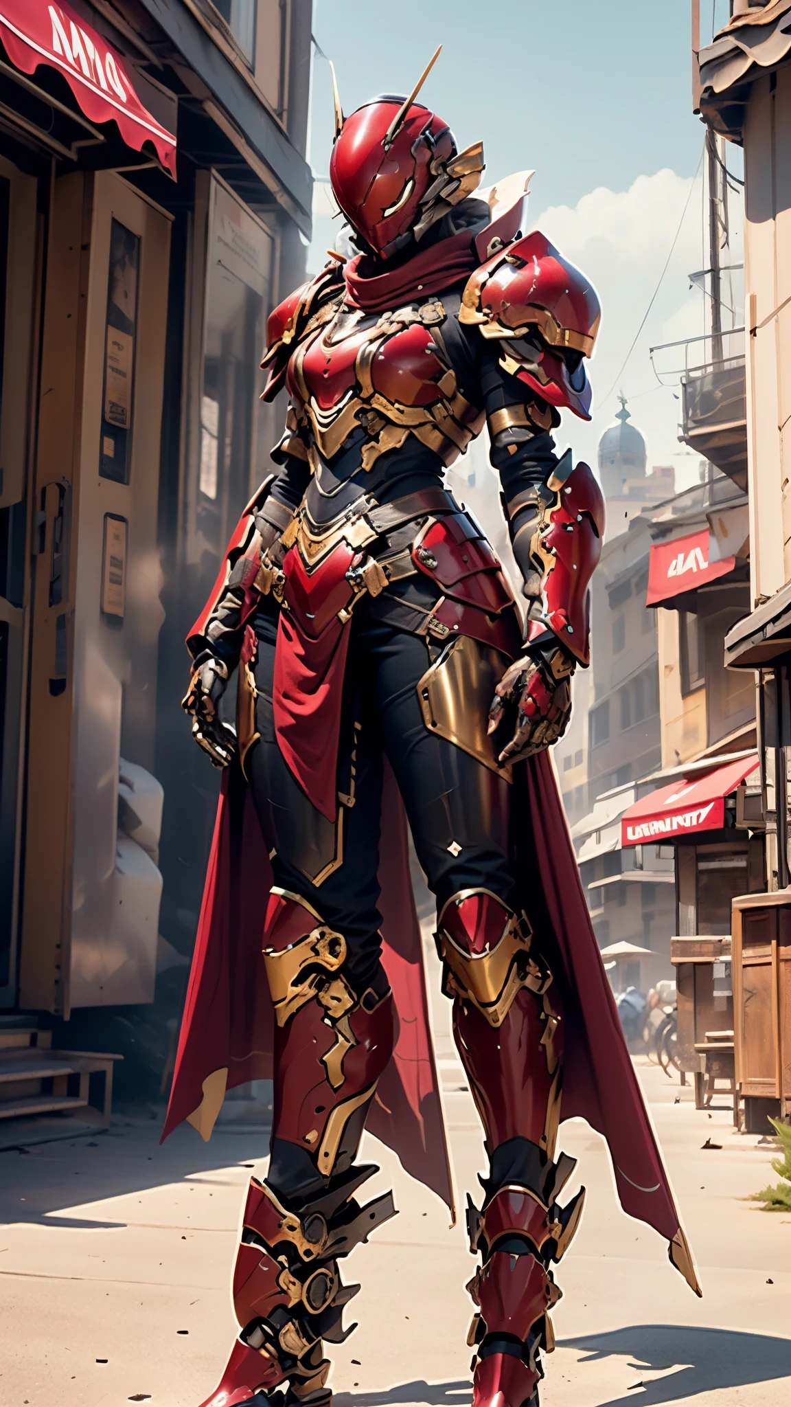 A woman adorned in fantasy-style full-body armor, a crown-concept fully enclosed helmet that unveils only her eyes, a composite layered chest plate, fully encompassing shoulder and hand guards, a lightweight waist armor, form-fitting shin guards, the overall design is heavy-duty yet flexible, ((the armor gleams with a golden glow, complemented by red and blue accents)), exhibiting a noble aura, she floats above a fantasy-surreal high-tech city, this character embodies a finely crafted fantasy-surreal style armored hero in anime style, exquisite and mature manga art style, (Queen bee mixed with Spider concept Armor), ((Nordic, elegant, goddess, femminine:1.5)), metallic, high definition, best quality, highres, ultra-detailed, ultra-fine painting, extremely delicate, professional, anatomically correct, symmetrical face, extremely detailed eyes and face, high quality eyes, creativity, RAW photo, UHD, 32k, Natural light, cinematic lighting, masterpiece-anatomy-perfect, masterpiece:1.5