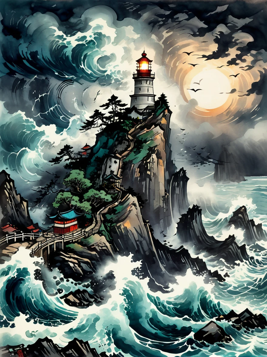 super detailed，Chinese ink style，Chinese Dream Landscape，violent storms, (( lighthouse:1.5)), (isolated island)，rugged mountain road, rocky point, chaotic darkness, angry cloud, lightning, (rolling foam waves), hit hard, jagged rocks, steady light, unwavering beam, A beacon of hope and guidance in the storm，magical atmosphere，Thrilling and tense scenes，Surreal and ethereal colors，otherworldly environment，Hazy and mysterious atmosphere，Amazing natural wonders，Grandeur and sense of scale