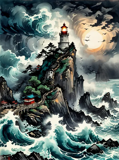 super detailed，Chinese ink style，Chinese Dream Landscape，violent storms, (( lighthouse:1.5)), (isolated island)，rugged mountain ...