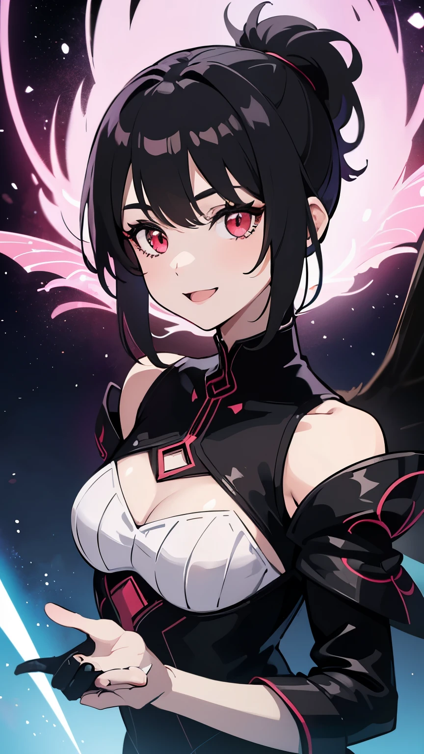 1girl, fairy girl, small, fairy wings, ((glowing pink fairy wings)), (fairy wings), Black hair color, ponytail hairstyles, short ponytail, red eye color, wearing leather armor, silver shoulder pads, black clothes,(glowing eyes), high resolution, extremely detailed CG unity 8k wallpaper, ((masterpiece)), ((top-quality)), (beautiful illustration), ((an extremely delicate and beautiful)), (masterpiece, Best quality, ultra high resolution), 1 girl, pale skin, Black Crown, red eyes, Luminous_eyes, neon red eyes, ultra detailed eyes, Beautiful and detailed face, detailed eyes, (Centered, torso), (wide shot:0.9), facing the viewer, Eye level, (floating hair), character focus, ((black light)), ((dark lighting)), cinematic lighting ,(darkness), (concept art), ((energetic face)), wide open smile, waving excitedly, dark black hair, ((red eyes))