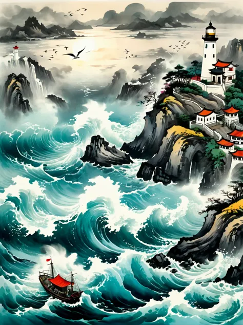 super detailed，Chinese ink style，Chinese Dream Landscape，violent storm, sea, (isolated island), (lighthouse:1.5), Light, lost sh...