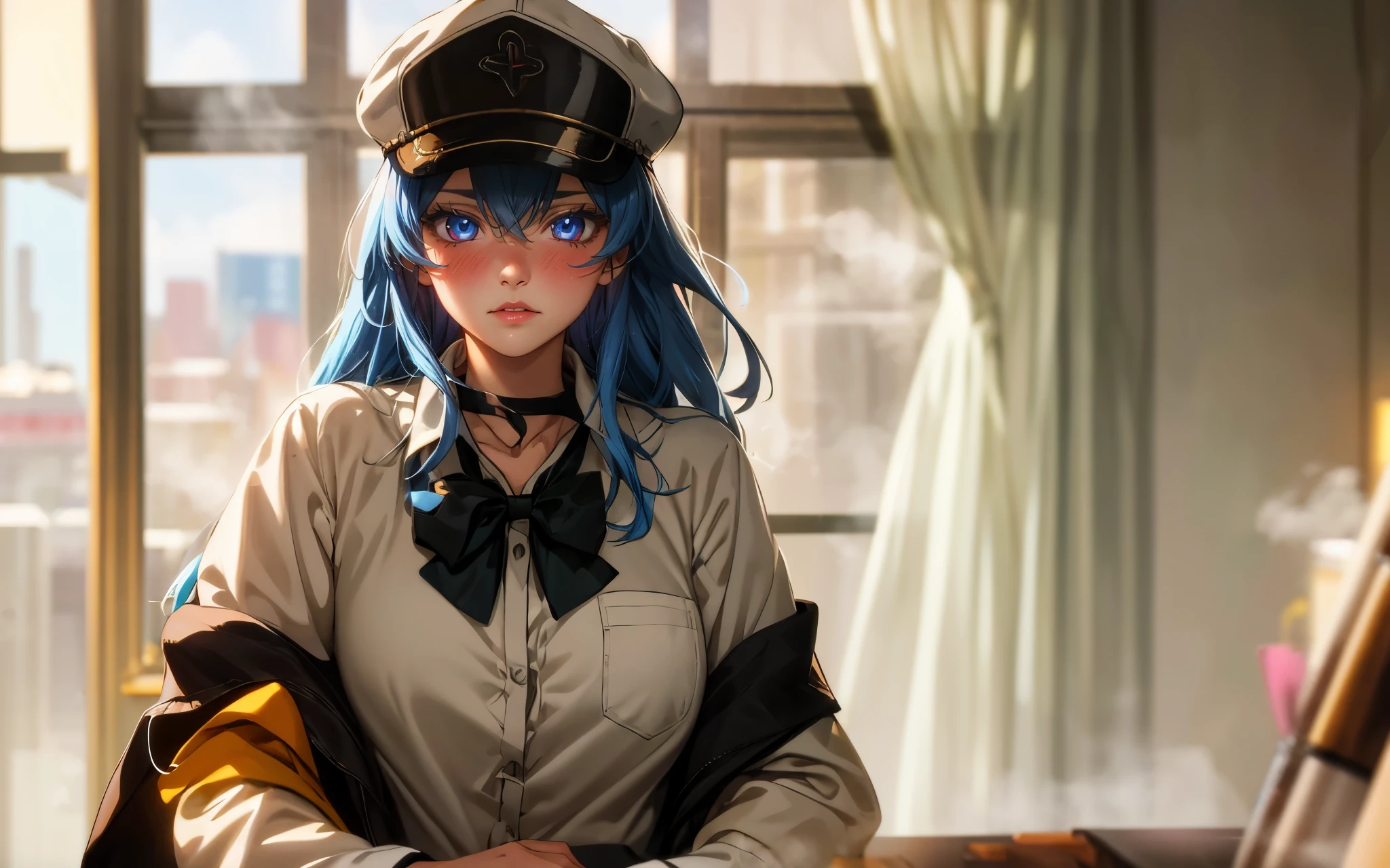 Esdeath, breasts, long hair, blue hair, blue eyes, hat, solo, very long hair, peaked cap,1girl, solo, cardigan, bow, smile, shirt, brown_hair, bowtie, white_shirt, school_uniform, brown_eyes, upper_body, looking_at_viewer, bangs, indoors, closed_mouth, collared_shirt, black_neckwear, blush, long_sleeves, eyebrows_visible_through_hair, glow effects, godrays, Hand drawn, render, 8k, octane render, cinema 4d, blender, dark, atmospheric 4k ultra detailed, cinematic, Sharp focus, big depth of field, Masterpiece, colors, 3d octane render, 4k, concept art, trending on artstation, hyperrealistic, Vivid colors, extremely detailed CG unity 8k wallpaper, trending on CGSociety, Intricate, High Detail, dramatic, glowing eyes, large breasts, heavy breathing, blue eyes, hollow eyes, lips, sad expression, gloomy expression, steaming face, glowing eyes, blush face, white eyelashes
