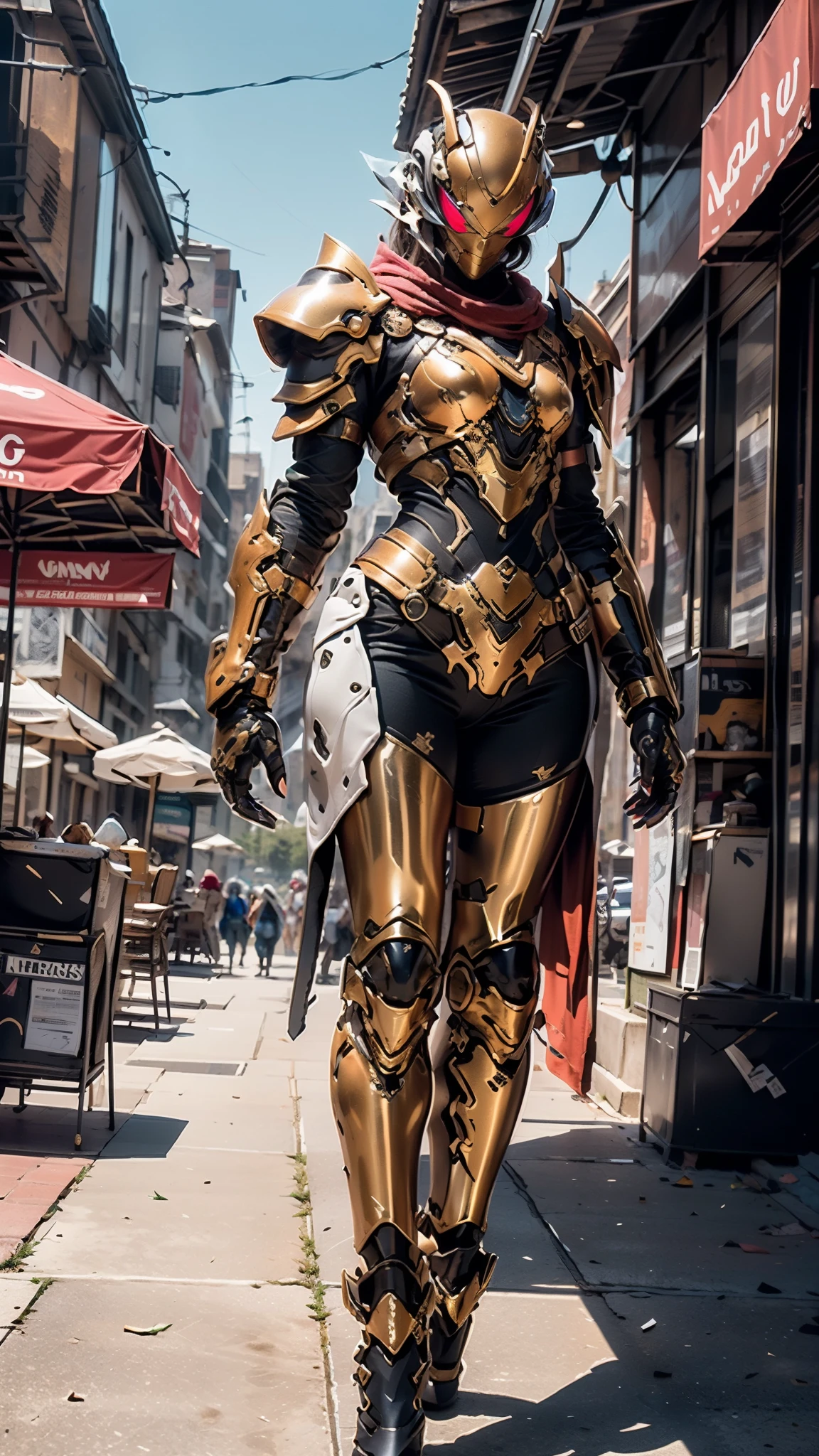 A woman adorned in fantasy-style full-body armor, a crown-concept fully enclosed helmet that unveils only her eyes, a composite layered chest plate, fully encompassing shoulder and hand guards, a lightweight waist armor, form-fitting shin guards, the overall design is heavy-duty yet flexible, ((the armor gleams with a golden glow, complemented by red and blue accents)), exhibiting a noble aura, she floats above a fantasy-surreal high-tech city, this character embodies a finely crafted fantasy-surreal style armored hero in anime style, exquisite and mature manga art style, (Queen bee mixed with Spider concept Armor), ((Nordic, elegant, goddess, femminine:1.5)), metallic, high definition, best quality, highres, ultra-detailed, ultra-fine painting, extremely delicate, professional, anatomically correct, symmetrical face, extremely detailed eyes and face, high quality eyes, creativity, RAW photo, UHD, 32k, Natural light, cinematic lighting, masterpiece-anatomy-perfect, masterpiece:1.5