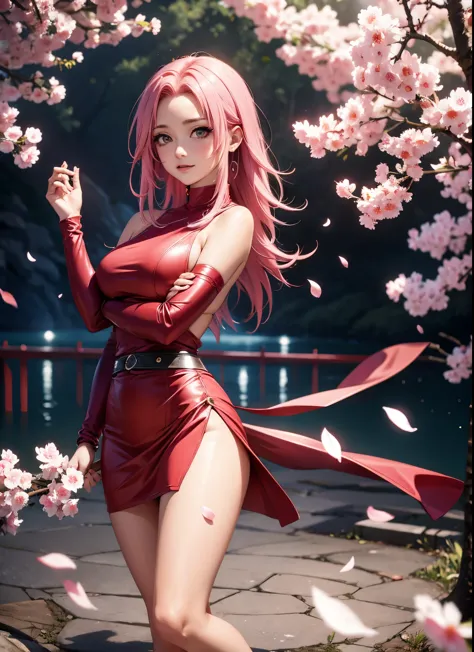 anime girl with pink hair and a red dress posing for a picture, sakura haruno, haruno sakura, sakura haruno in slug sage mode, f...