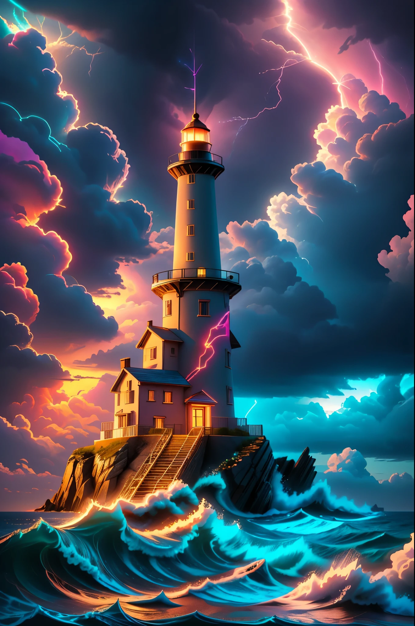 un phare surplombant une mer agitée, enchanté, extrêmement détaillé, (((foudre))), Couleurs vives, Coloré,  néon, Haute qualité, Meilleure qualité,  primé, Contraste élevé, Éclairage cinématographique, (chef-d&#39;œuvre), épique