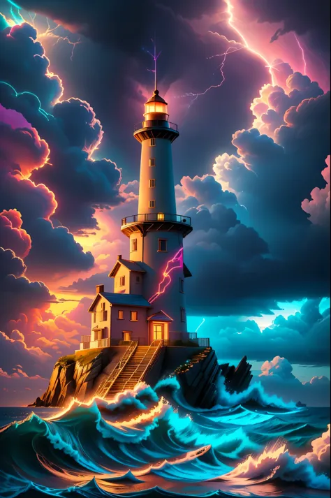 a lighthouse overlooking a stormy sea, enchanted, extremely detailed, (((lightning))), vivid colors, colorful,  neon, high quali...