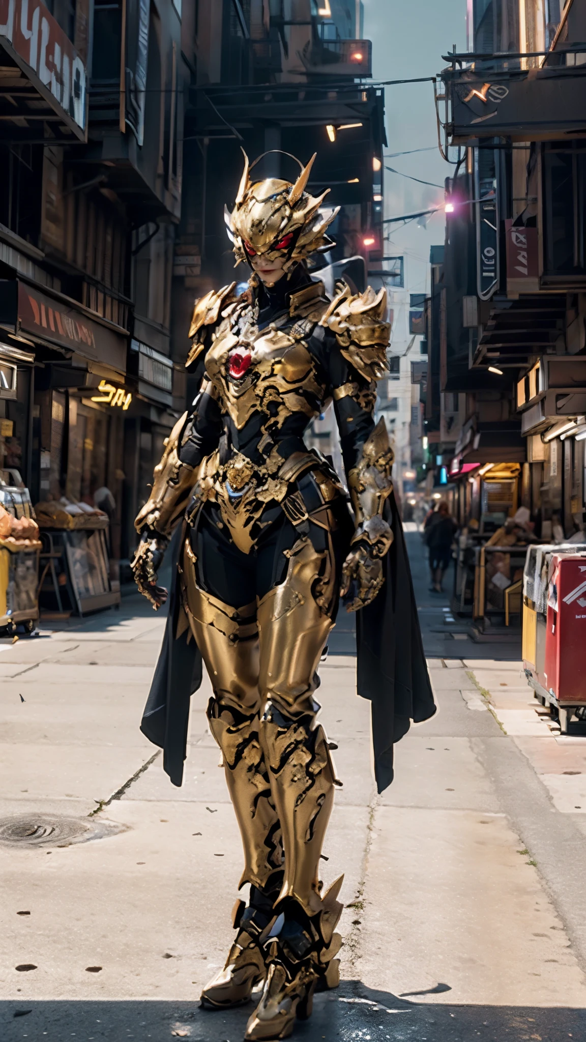 A woman adorned in fantasy-style full-body armor, a crown-concept fully enclosed helmet that unveils only her eyes, a composite layered chest plate, fully encompassing shoulder and hand guards, a lightweight waist armor, form-fitting shin guards, the overall design is heavy-duty yet flexible, ((the armor gleams with a golden glow, complemented by red and blue accents)), exhibiting a noble aura, she floats above the Futuristic city, this character embodies a finely crafted fantasy-surreal style armored hero in anime style, exquisite and mature manga art style, (Queen bee mixed with Spider concept Armor, photorealistic:1.4, real texture material:1.2, professional photo, cinematic), ((city night view, element, energy, elegant, goddess, femminine:1.5)), metallic, high definition, best quality, highres, ultra-detailed, ultra-fine painting, extremely delicate, anatomically correct, symmetrical face, extremely detailed eyes and face, high quality eyes, creativity, RAW photo, UHD, 32k, Natural light, cinematic lighting, masterpiece-anatomy-perfect, masterpiece:1.5