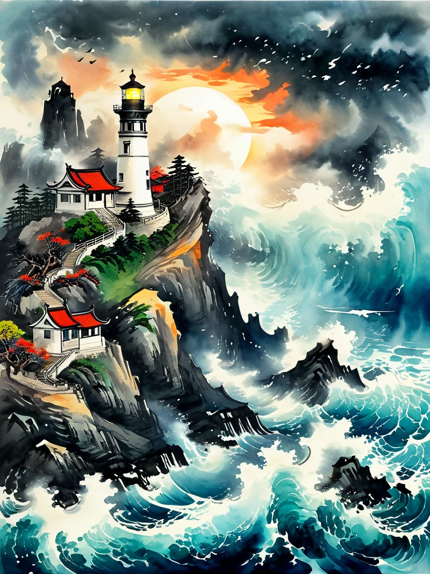 Super detailed，((Chinese ink style:1.5))，Chinese dream landscape，violent storms, (( lighthouse:1.5)), chaotic darkness, angry cloud, lightning, rolling foam waves, hit hard, steady light, unwavering beam, ((A beacon of hope and guidance in the storm:1.8))，magical atmosphere，Thrilling and tense scenes，Surreal and ethereal colors、textured landscape、otherworldly environment、magnificent view、Hazy and mysterious atmosphere、dramatic light and shadow、Unique rock formations、Thrilling sense of adventure、Amazing natural wonders、A sense of grandeur and scale，Endless possibilities to explore，bright beacon，(Highly detailed lighthouse appearance，majestic lighthouse:1.5)