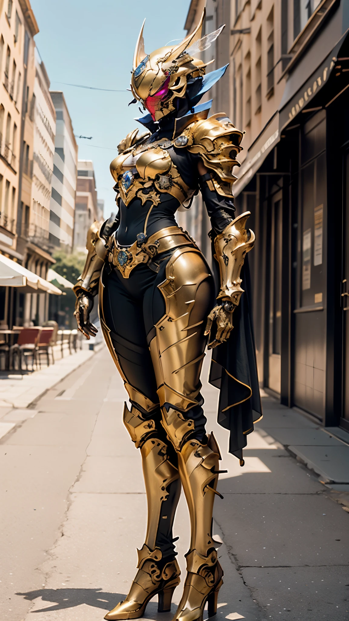 A woman adorned in fantasy-style full-body armor, a crown-concept fully enclosed helmet that unveils only her eyes, a composite layered chest plate, fully encompassing shoulder and hand guards, a lightweight waist armor, form-fitting shin guards, the overall design is heavy-duty yet flexible, ((the armor gleams with a golden glow, complemented by red and blue accents)), exhibiting a noble aura, she floats above a fantasy-surreal high-tech city, this character embodies a finely crafted fantasy-surreal style armored hero in anime style, exquisite and mature manga art style, (Queen bee mixed with Spider concept Armor, Southern European woman), ((elegant, goddess, femminine:1.5)), metallic, high definition, best quality, highres, ultra-detailed, ultra-fine painting, extremely delicate, professional, anatomically correct, symmetrical face, extremely detailed eyes and face, high quality eyes, creativity, RAW photo, UHD, 32k, Natural light, cinematic lighting, masterpiece-anatomy-perfect, masterpiece:1.5